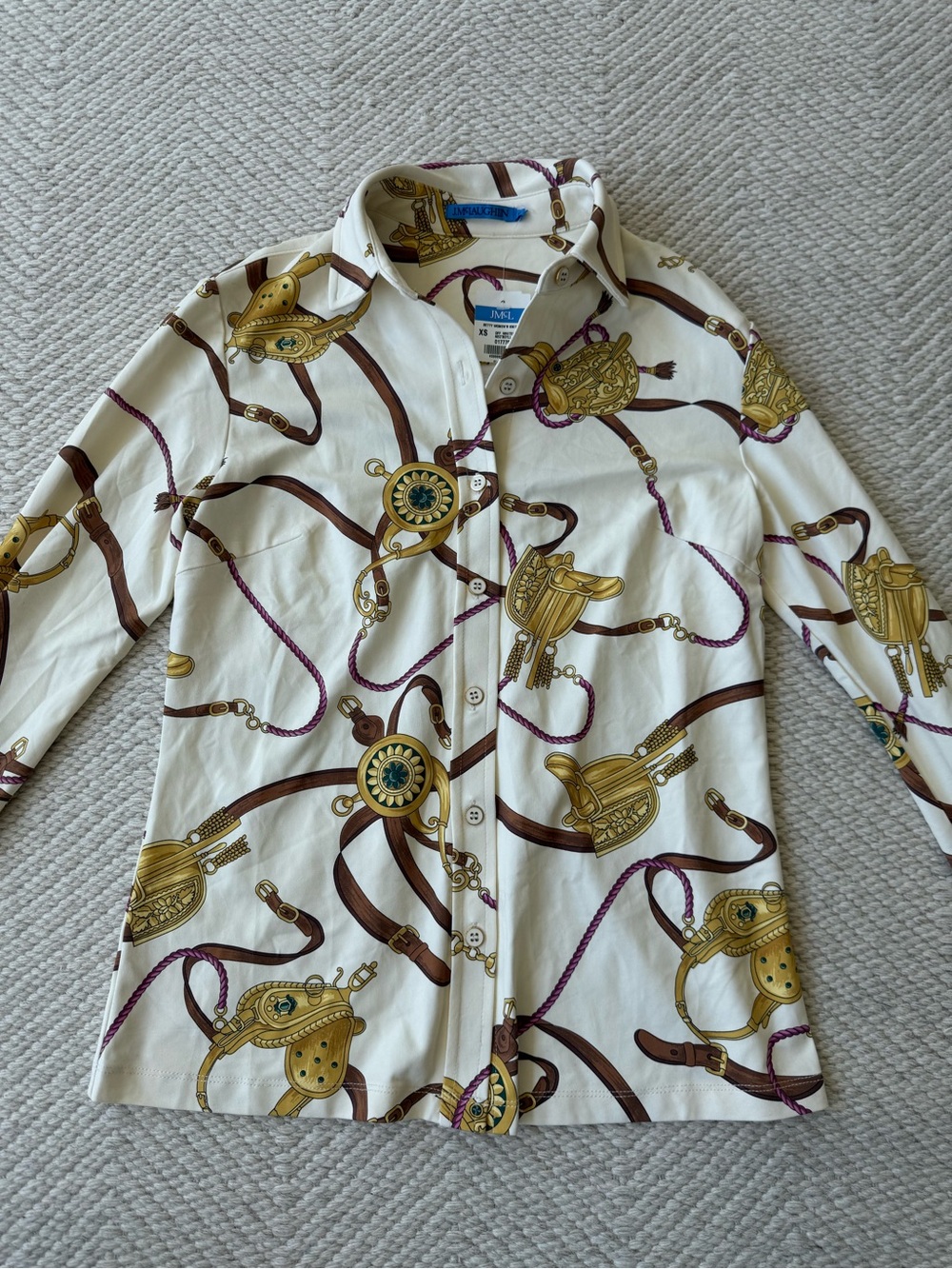 NWT J. McLaughlin White Gold Brown Equestrian Button Down Top xS